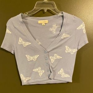 Blue Butterfly Button Up Crop Top